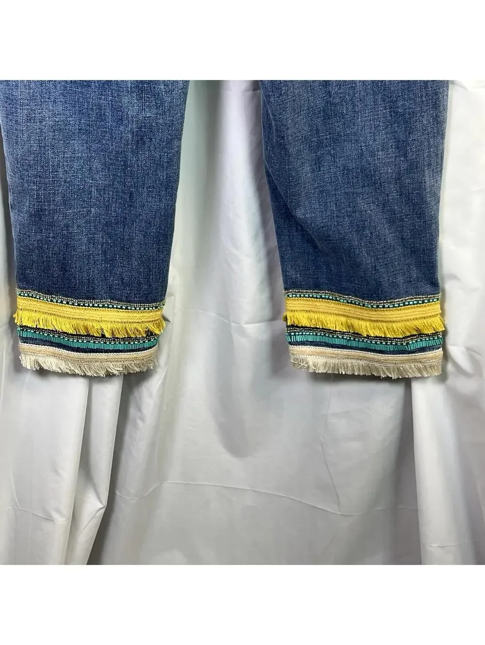 Chico's So Slimming Girlfriend Crop Jeans Sz 12 Fringe Striped Cuff Slim Leg